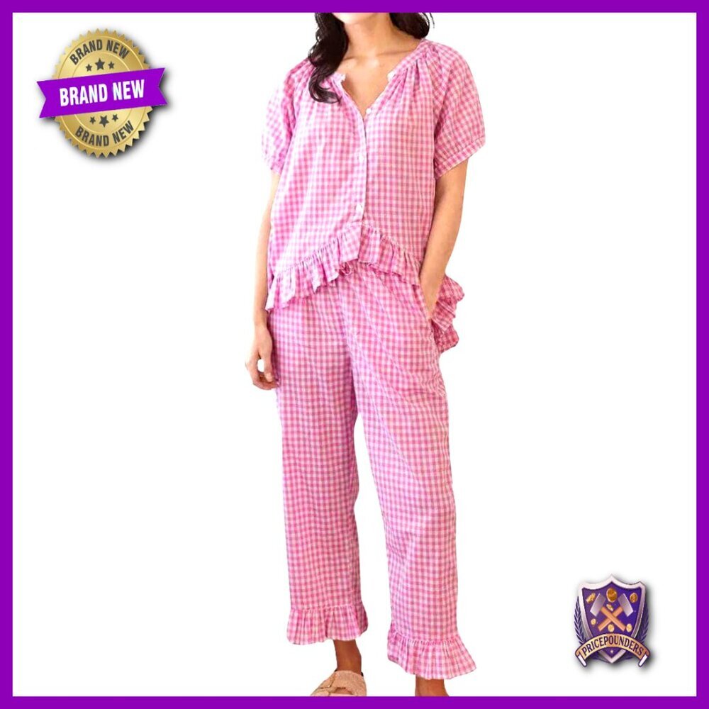 Women's Gingham Pajama Set 2-Piece Short Sleeve Babydoll Shirt & Lounge Pants
